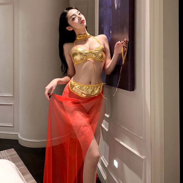Golden metallic bikini top paired with sheer red lace skirt, elegant design perfect for women seeking allure and sophisticati...