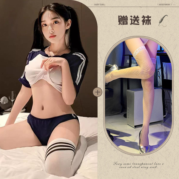 Japanese School Uniform Swimsuit - Blue & White Cute Kawaii Student Swimwear Set, Modest & Stylish Bikini - Image color + white fishnet stockings