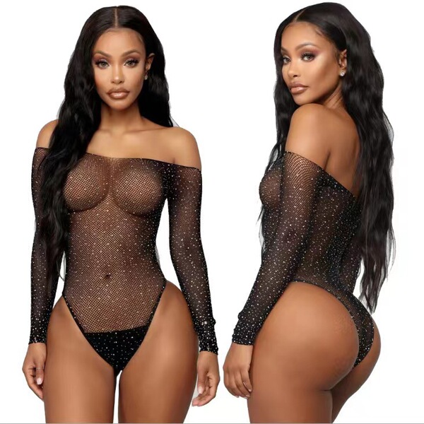 Sheer Mesh Lace Bodysuit - Sexy Transparent Rhinestone-Embellished Erotic Full-Body Corset for Women - 6241