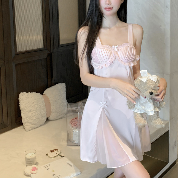 Silk-Inspired Sexy Pure-Delight Sleep Dress with Built-in Padded Straps & Backless Design - Strawberry Sweetheart | Sundress + Robe