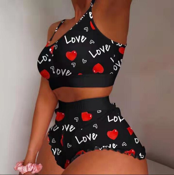 European-American Fashion Lace Trim Tank Top & Shorts Sleep Set - Sweet Women's Matching Loungewear Pajamas - Black Heart