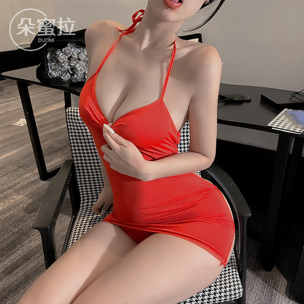 Domeilado Sexy Sheer Lace Bunny Girl Apron Costume - Seductive Role Play Outfit with Underwire Bra - Red Set
