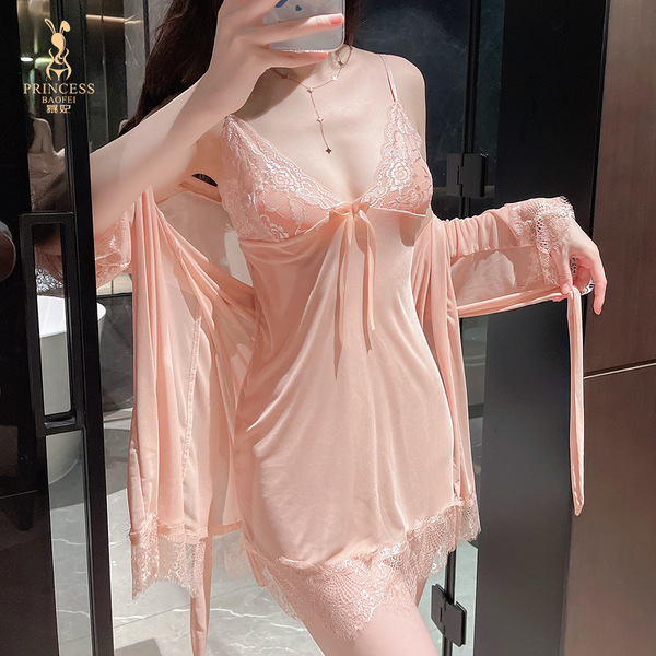 Domeilado Sexy Sheer Lace Bunny Girl Apron Costume - Seductive Role Play Outfit with Underwire Bra - Pink Set
