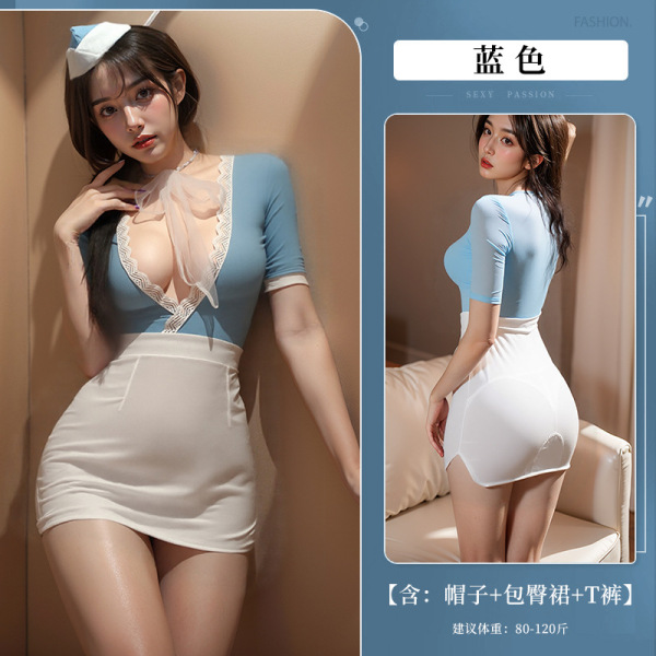 Sexy Lingerie Sleepwear Set - Secretary Skirt & Air Hostess Costume for Date Night, No-Remove Outfit - blue