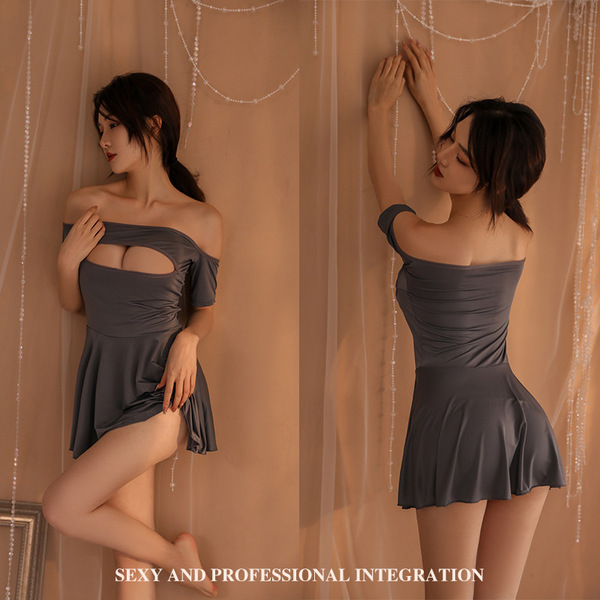 Night Fragrance Lingerie Set - Sexy Sheer Sleep Dress with Uniform Style, No-Remove Design, Pure Temptation Outfit - Gray striped stockings