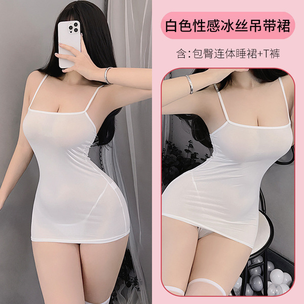 Women's Sensual Fairy-Themed Ice Silk Slip Dress with Backless Design & Maid-Inspired Striped Set - White + stockings