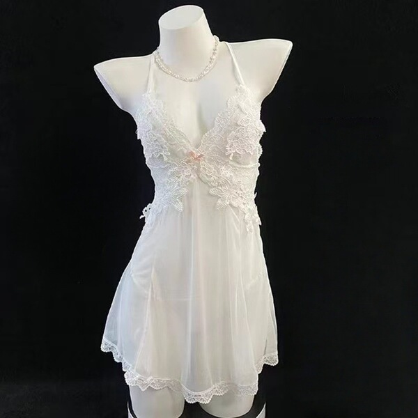 Domoila Sexy Lace Deep V Sleep Dress Set – Sheer Mesh Robe & Matching Lingerie for Women - White