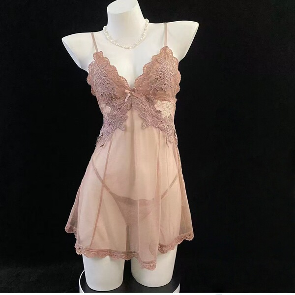 Domoila Sexy Lace Deep V Sleep Dress Set – Sheer Mesh Robe & Matching Lingerie for Women - pink
