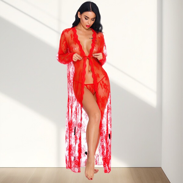 Plus Size Sheer Lace Robe Set with Matching Thong - Sexy Long Sleepwear for Women, Elegant Intimate Apparel - Burgundy (with thong) in stock