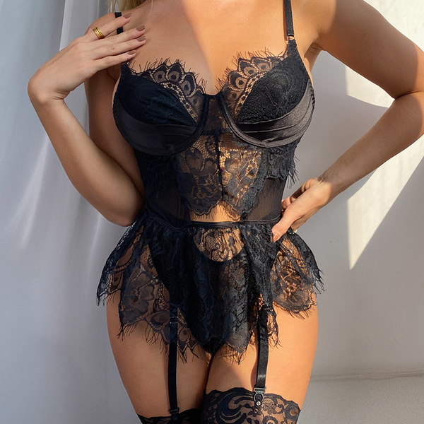 Lace Sexy Bunny Girl Outfit Set – 3-Piece Europe and America-Style Bra, Garter Belt & Thong with Underwire Support - black