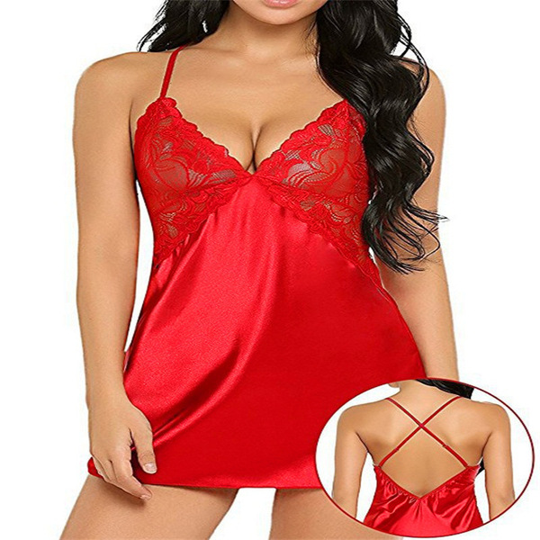Sexy European-Style Lace Sleep Dress Set with Crisscross Back Straps – Breathable Imitation Silk Intimate Nightwear - red