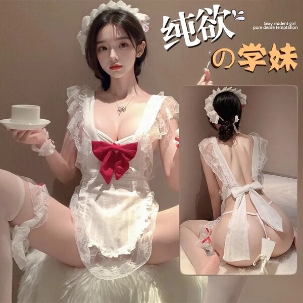 Women's Sexy Maid Costume Set - Pure & Tempting Lingerie Sleep Dress, Plus Size Erotic Uniform Outfit, One-Piece Dropshi - Maid outfit white
