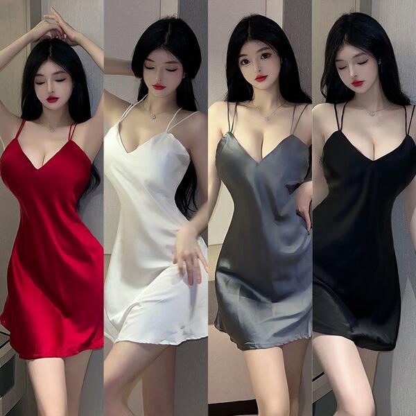 Sexy backless nightgowns in red, white, gray, and black satin for women, featuring elegant designs and luxurious fabric.