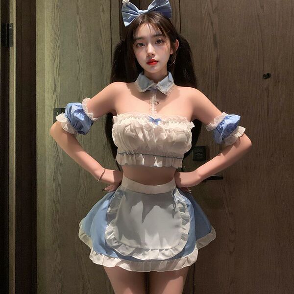 Pure & Tempting Maid Costume Set - Sexy Cute Lingerie Sleepwear for Small Bust Enhancement, No-Remove Design - Maid outfit (top + skirt + headband)