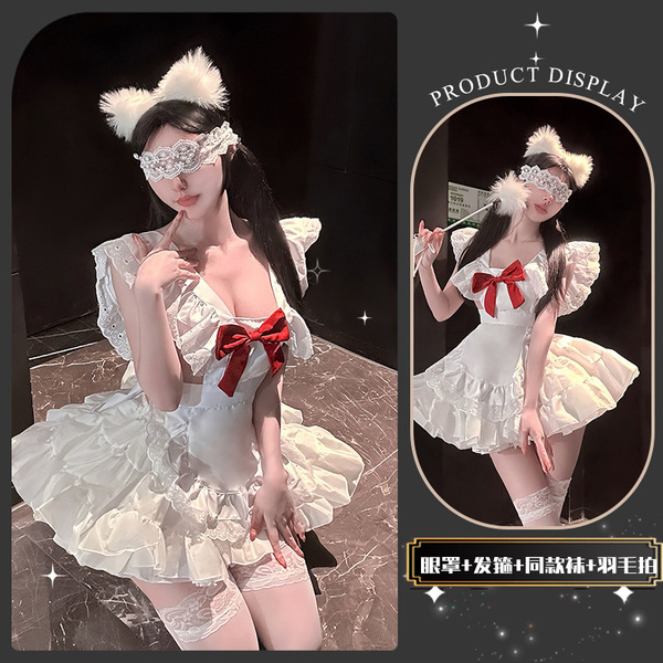 QingShe Soft Cute Lingerie Set - Bowknot Maid-Inspired Pure & Tempting Lolita Erotic Underwear for Women - Cherry Blossom and Jasmine Knot ~ [Apron + Tutu + Eye Mask + Headband + Matching Socks + Feather Stick]