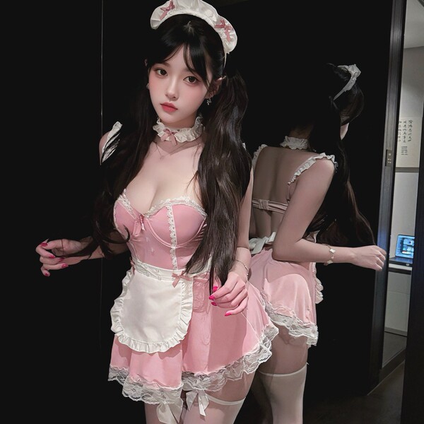Mannye Qing Sexy Black Maid Costume Lingerie - Steel-Boned Push-Up Sleepwear Set, Cute & Alluring Uniform Style - pink
