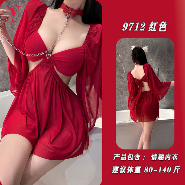 Night Silk Sensual Sheer Lace Sleep Dress - Seductive Open-Crotch Erotic Nightwear for Women - red