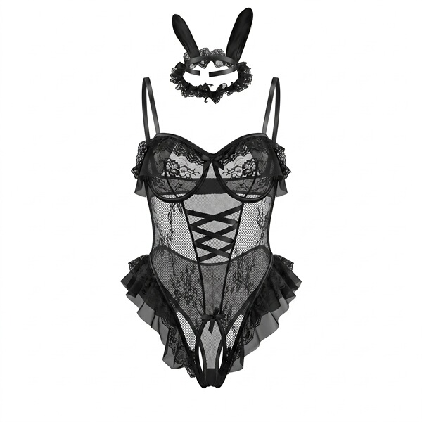 Bird moon bunny costume - sheer open-crotch bodysuit with lace details and rabbit ears for role play and festive occasions.