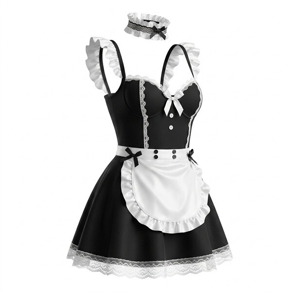 Feiniao moon gazer lingerie set - seductive maid costume for small bust, featuring a black dress with white lace trim and a m...