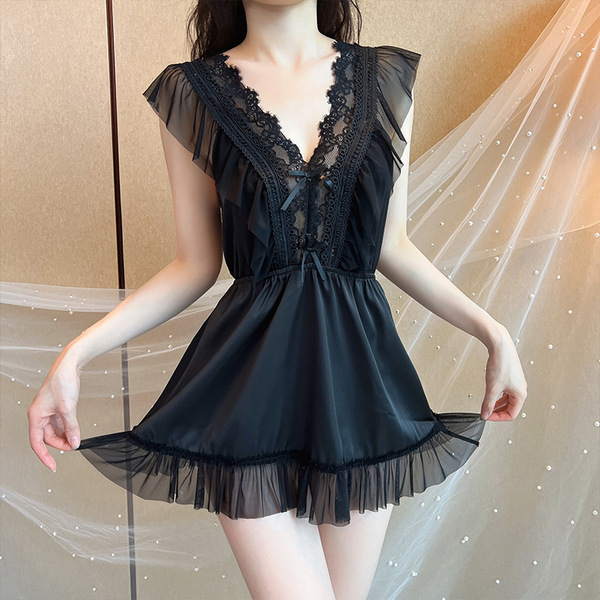 Qingran Lace Low-Cut Sleep Set – Ice Silk Satin Cami & Matching Shorts, Sexy Elegant Nightwear for Women - 427 Black