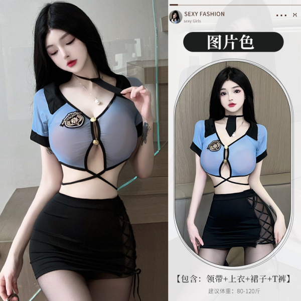 Sensual Female Police Uniform Lingerie Set - No-Remove Bedroom Costume for Passionate Role Play - Image color + handcuffs