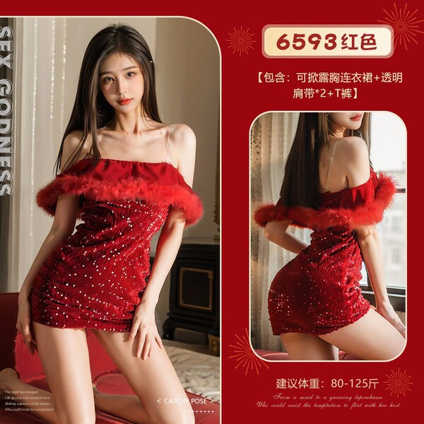 Dragon Year New Year Lace Sheer Lingerie Set - Sexy Costume Outfit for Christmas & NYE - 6593 Red [Dress + 2 Sheer Bra Straps + Thong]