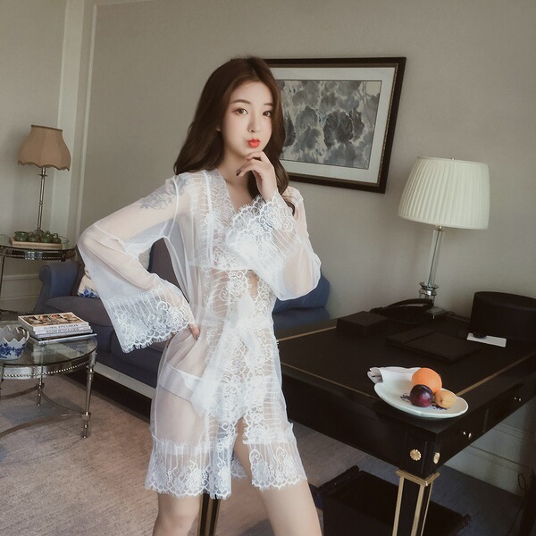 Weimiaoqing Women's Sheer Mesh Lingerie Set - Sexy Lace Sleepwear & Seductive Robe Outfit - White
