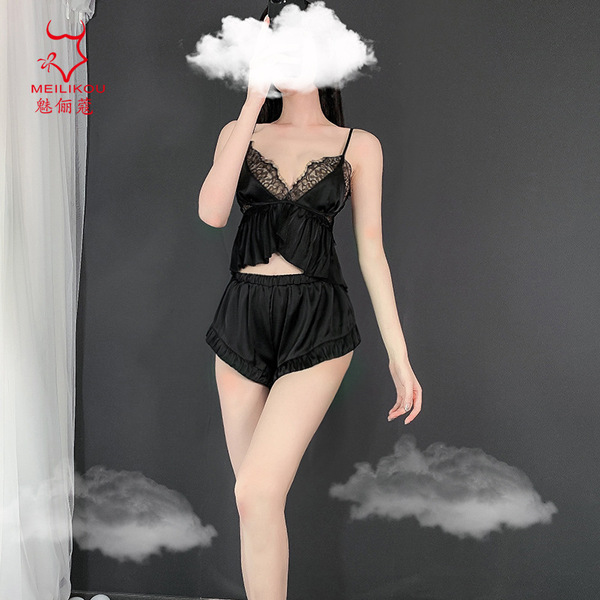 Sexy Lace Sleepwear Set for Women – Breathable Ice Silk Bedroom Lingerie Outfit, Comfortable & Alluring Nightwear - black