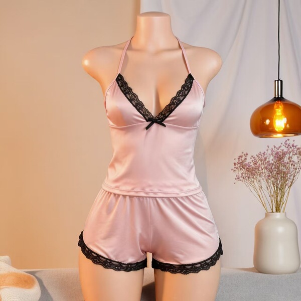 Sexy Leopard Print Two-Piece Sleepwear Set – High-Slit Matching Top & Shorts for Women, Trendy Lingerie Outfit - pink