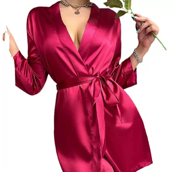 Pure Color Sexy Summer Sleep Dress for Women – Lightweight Breathable Ice Silk Robe & Loungewear Set - red