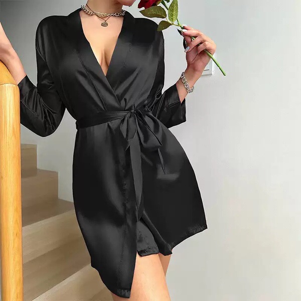 Pure Color Sexy Summer Sleep Dress for Women – Lightweight Breathable Ice Silk Robe & Loungewear Set - black