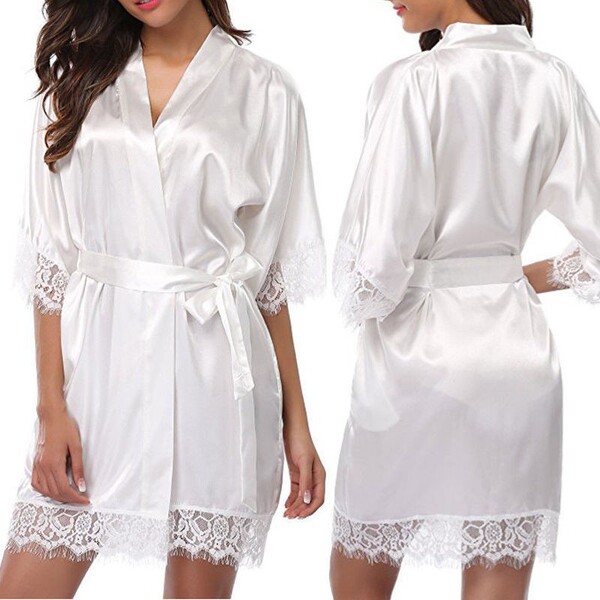 Plus Size Sexy Robe for Women – Ice Silk Lingerie Bathrobe, Alluring Europe and America-Inspired Sleepwear & Lounge Wear - White