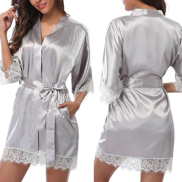 Plus Size Sexy Robe for Women – Ice Silk Lingerie Bathrobe, Alluring Europe and America-Inspired Sleepwear & Lounge Wear - grey