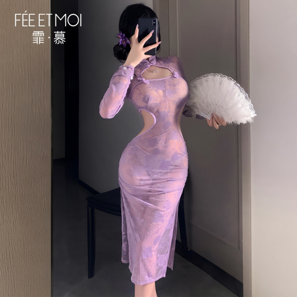 Woman in feimu purple lace cheongsam lingerie with sheer bust-out design, holding a white feather fan.