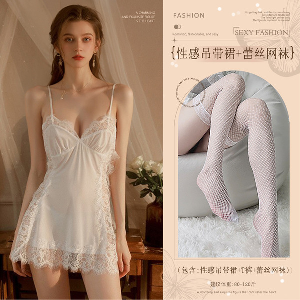 Sexy Lace Sleep Dress for Women – Pure & Tempting Sheer Mesh Babydoll Nightgown, Flirty No-Remove Lingerie Set - White (slip dress + thong + lace fishnet stockings)