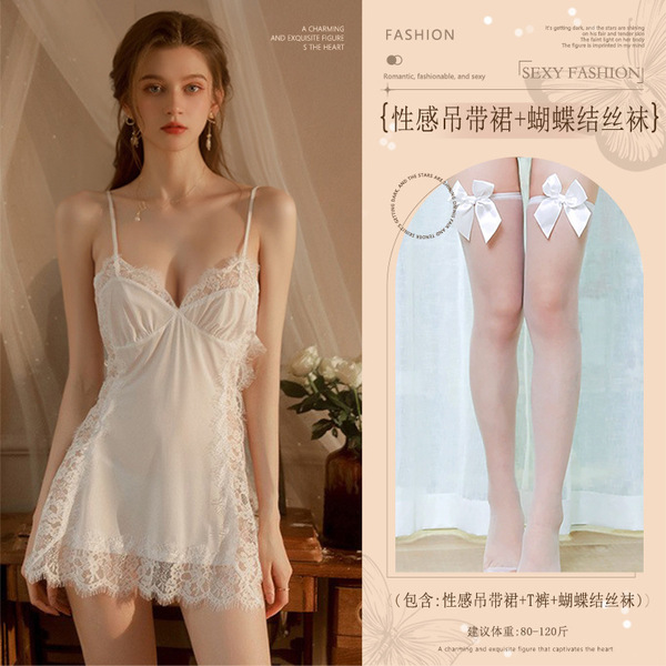 Sexy Lace Sleep Dress for Women – Pure & Tempting Sheer Mesh Babydoll Nightgown, Flirty No-Remove Lingerie Set - White (slip dress + thong + bow-tie stockings)