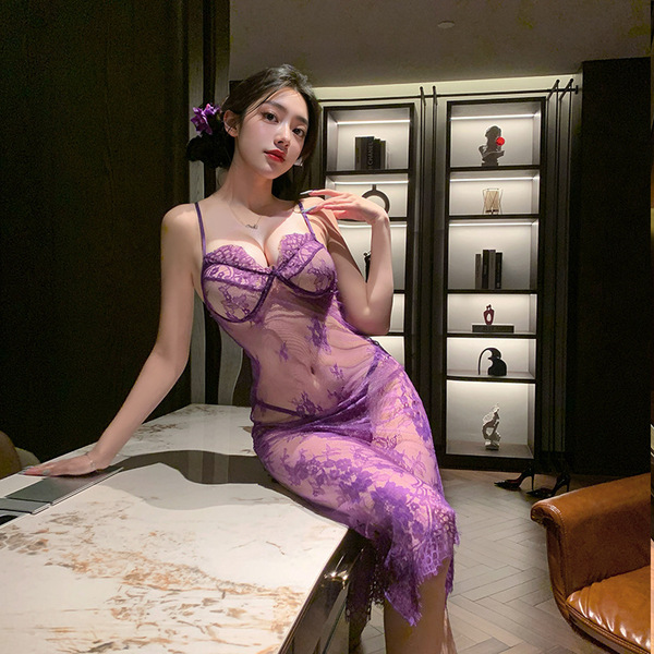 Sexy Purple Lace Temptation Long Dress Sleepwear - High-Slit Sheer Mesh with Underwire Push-Up Support - Purple