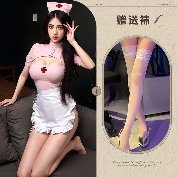 Pure & Sexy Nurse Costume Set – Slit Bodycon Skirt, Role Play Lingerie for Women, Cute Yet Bold Cosplay Outfit - Image color + white stockings