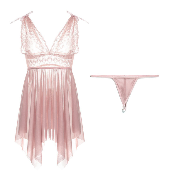 Wholesale Lace Sexy Sleepwear Set – Spring Summer Thin Polyester-Spandex Mesh Nightgown & Deep V Lingerie - pink