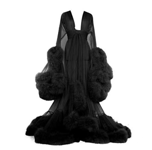 Sexy Feather Sheer Nightgown -European and American Style Long Sleeve Lace Trim Sleep Dress with Flared Sleeves & Train - black