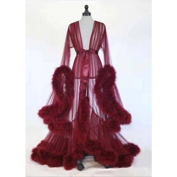 Sexy Feather Sheer Nightgown -European and American Style Long Sleeve Lace Trim Sleep Dress with Flared Sleeves & Train - Claret