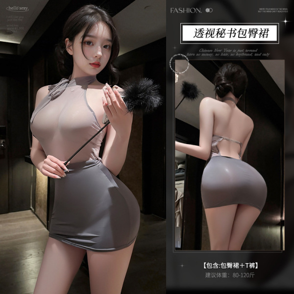 Mannyan Sexy Lingerie Set - Sheer Secretary Skirt Outfit with Seductive Bodysuit & Transparent Sleepwear for Women - 6921183361594 Gray [Bodycon Skirt + T-shirt]