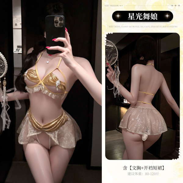Mannyan Starlight Dancer Pearl Massage Lingerie Set - Seductive Open-Crotch Erotic Costume for Intimate Play - 6921183366605 Gold [Bra + Open Crotch Mini Skirt]