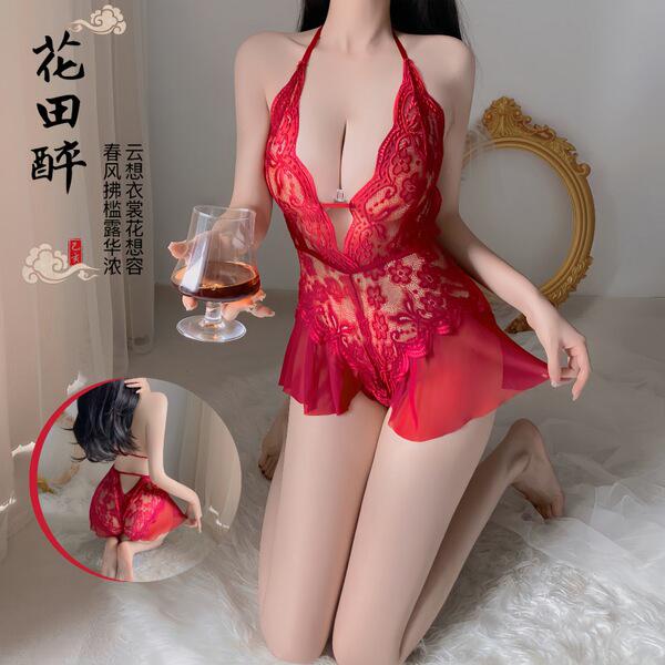 Sexy lace bodysuit for women, open-crotch design, sheer long dress, elegant and feminine nightwear.