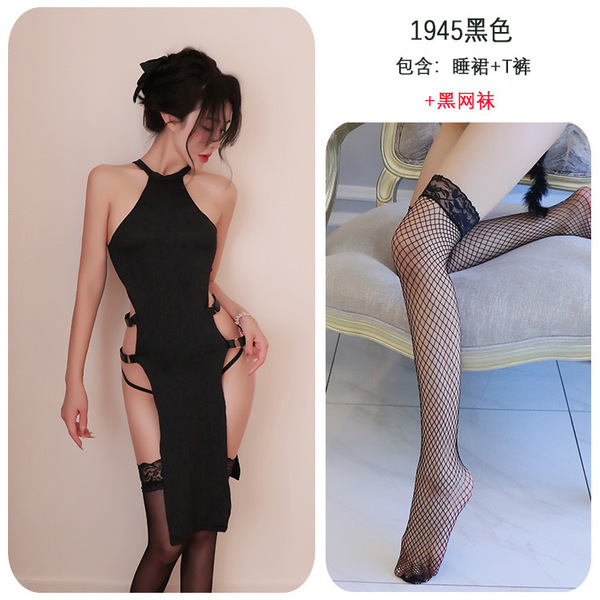 1945-Inspired Sexy Role Play Lingerie - High-Slit Long Dress Sleepwear, Retro Chinese-Style Erotic Nightgown for Women - Black + Black Fishnet Stockings