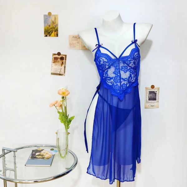 European-Style Sexy Lace Sleepwear Set – Sheer Mesh Cami & Slit Long Nightgown for Women - blue