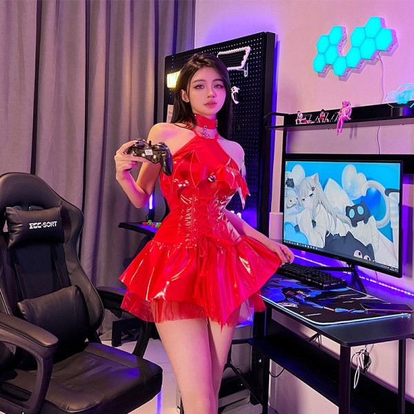 Qingran Sensual Lace Ice Silk Sleepwear Set – Sheer Tight-Fit Temptation Nightwear with Open-Crotch Short Dress - 695 Red