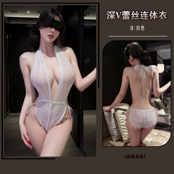 Mandyu Sensual Lace Bodysuit for Women - Sheer Deep V-Back Transparent Sleepwear & Provocative Uniform-Inspired Lingerie - White + white stockings