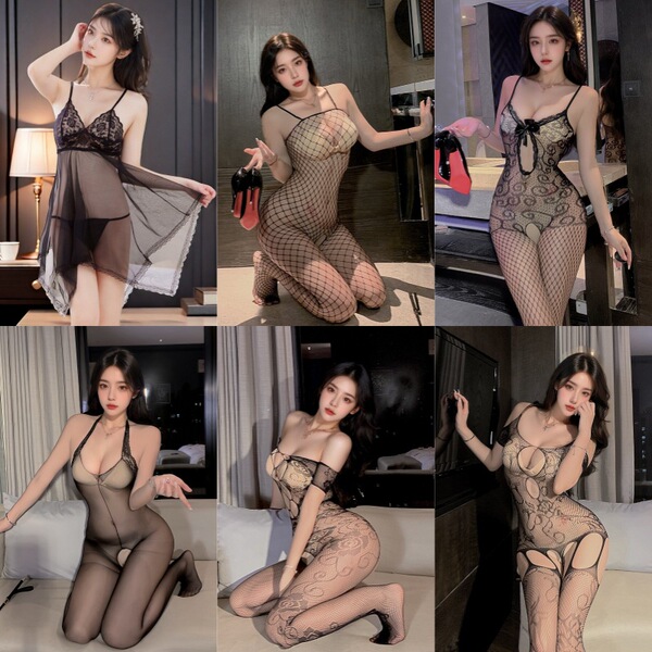 Sexy Sheer Mesh Lingerie Set for Small Bust - Open-Crotch Transparent Sleepwear & Provocative Costume Outfit - Popular 6-piece pack