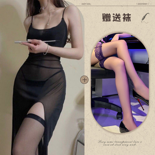 Women's Sexy Lace Mesh Nightgown - Sheer Seductive Slip Dress with Side Slit, Comfortable & Alluring Sleepwear - Black + black stockings